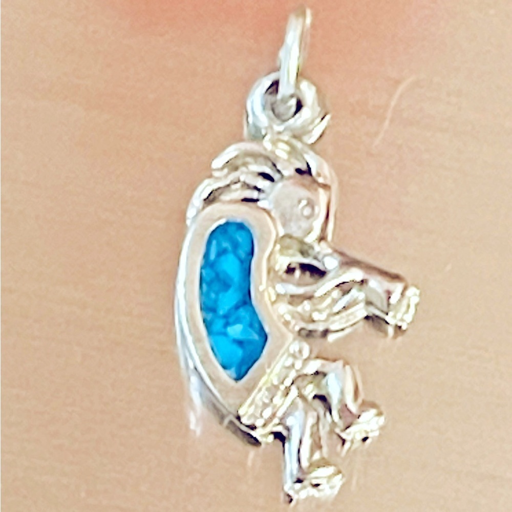 Vtg Southwest Inlaid Crushed Turquoise Kokopelli Sterling Silver Pendant Tribal